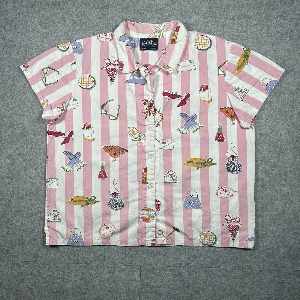 Nick & Nora Pajama shirt Women's size XL Pink Glamorous‎ Makeup Fashion Print